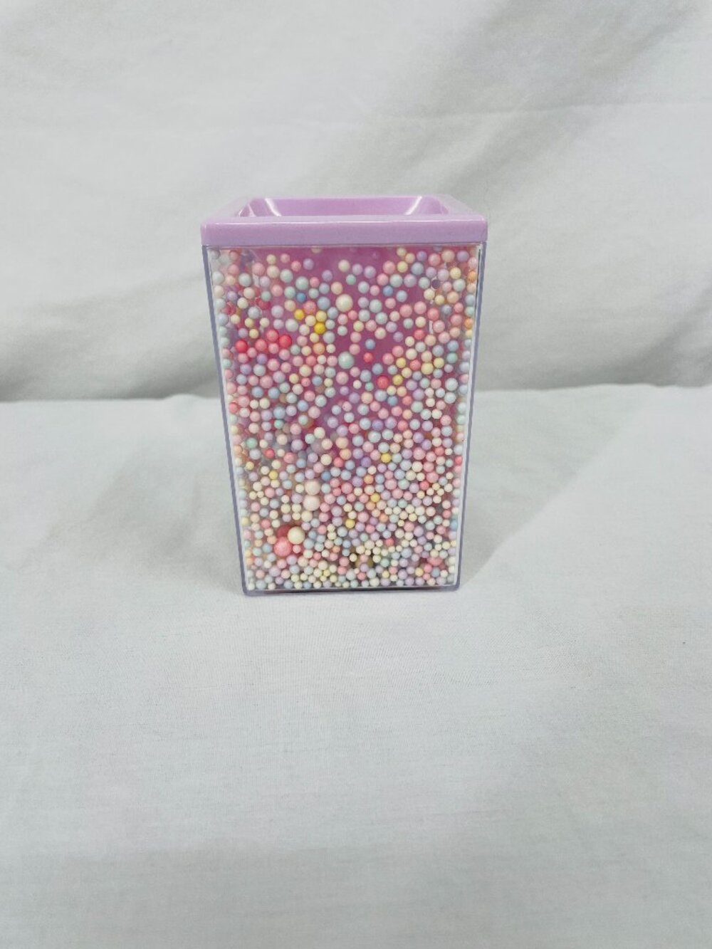 Clear Square Container with Pink, Purple, and White Beads